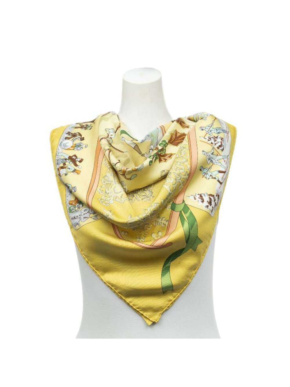 Hermes Scarf Yellow Brown Green Twill Silk